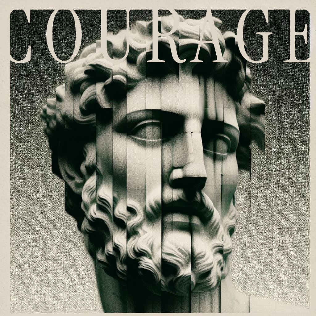 An album cover featuring a digitally manipulated statue's head and the text "Courage"