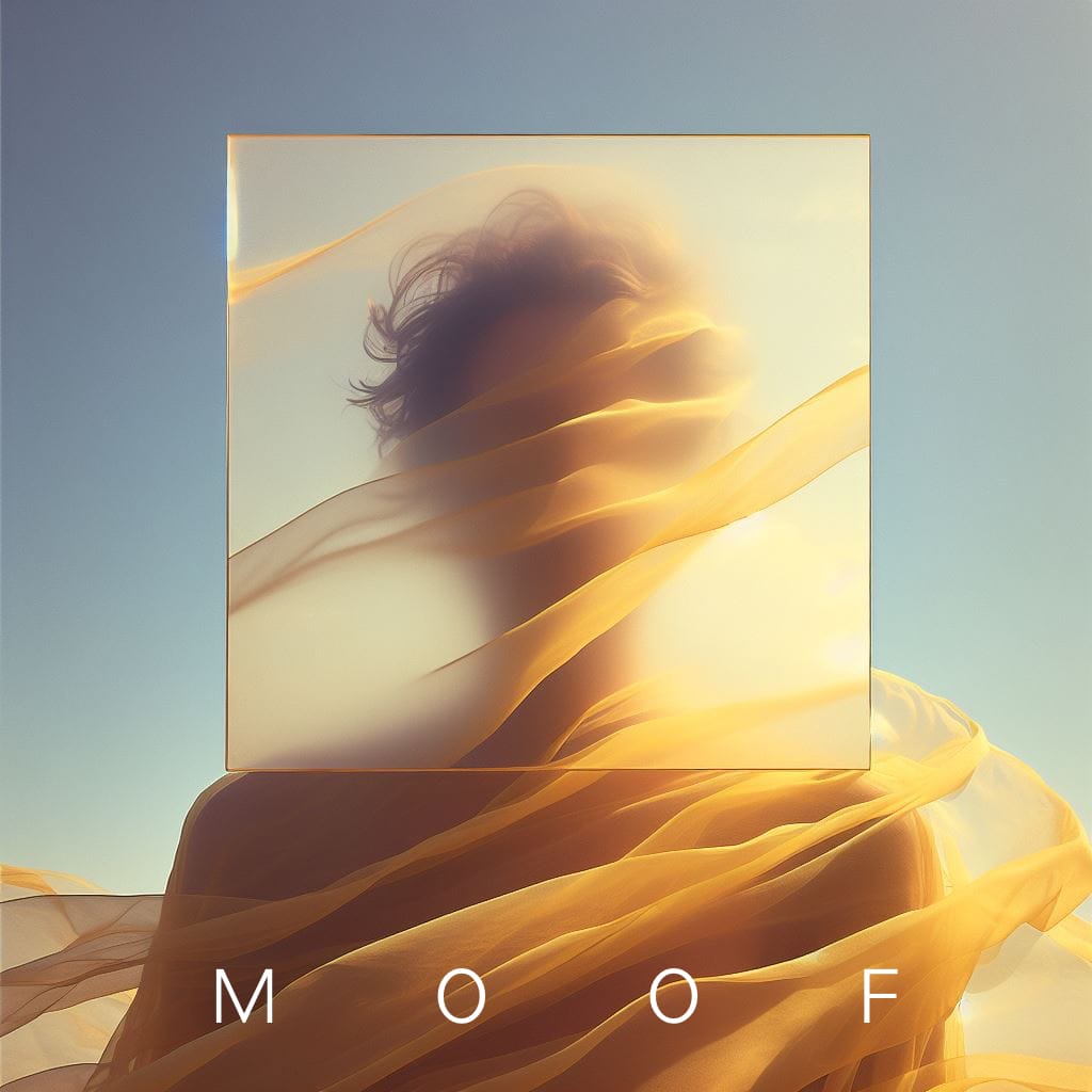 An album cover featuring an ethereal figure wrapped in silk with their face obscured. The text "M O O F" is displayed.