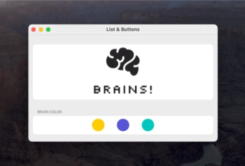 An animated gif showing the user interface defines above. There is an SF Symbol for a brain and the text "BRAINS!". There are three buttons to toggle the color of the symbol and text, but as they are clicked only one of the buttons' colors gets applied now matter which is clicked.