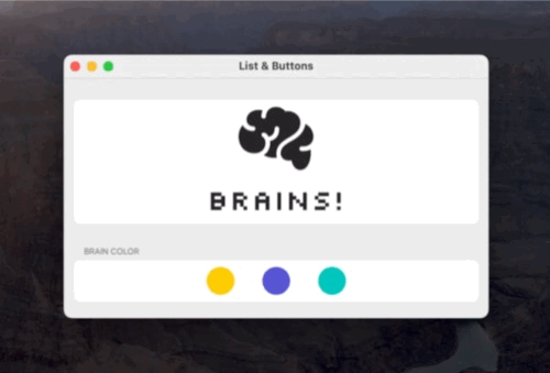 The same interface from before: Three buttons which toggle the color of a brain image and some text. This time the buttons work!