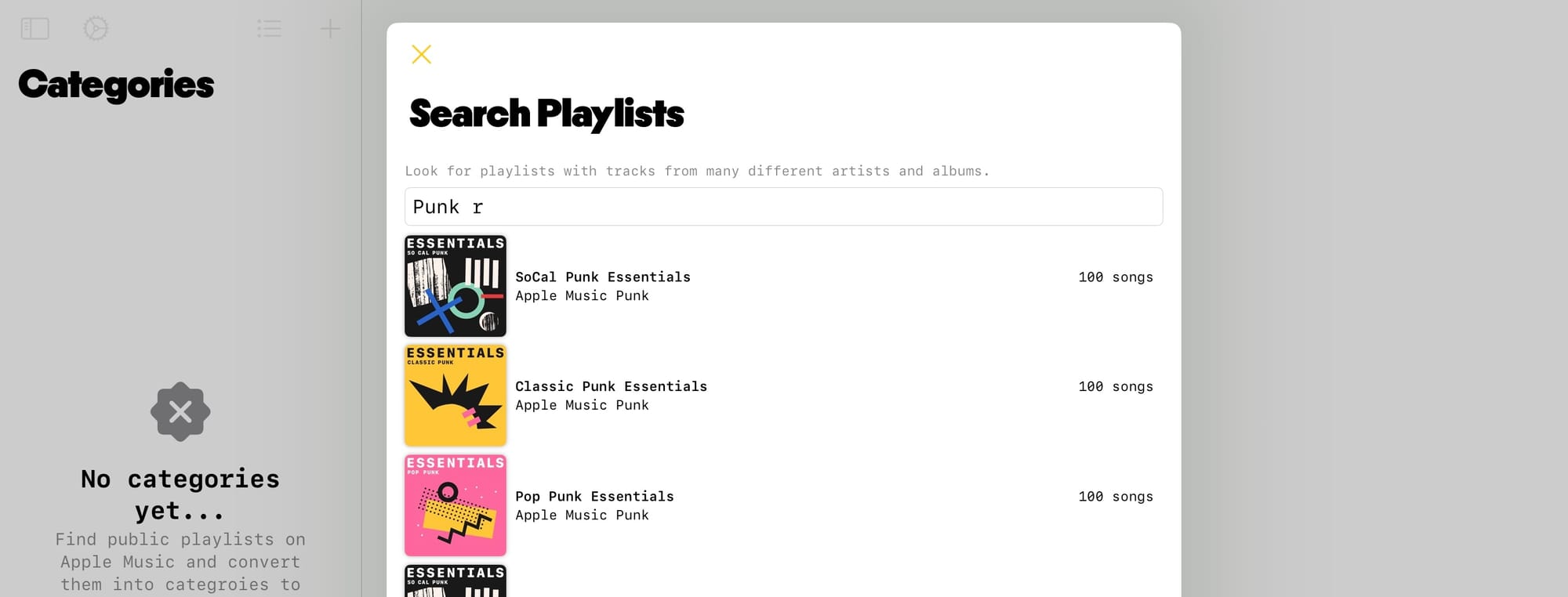 A screenshot of Under Cover showing a sheet with a textfield where the text “punk r” has been entered. Below is a list of punk playlists from Apple Music.