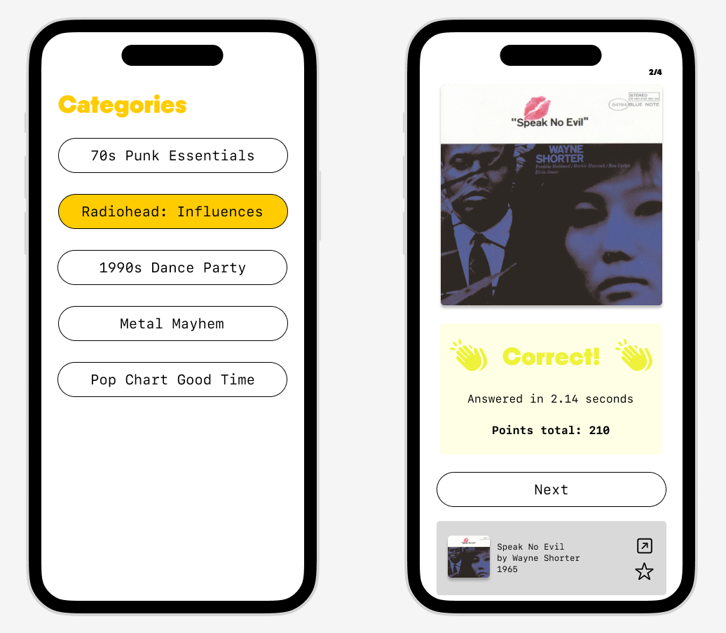 Two Figma mockups showing designs for the category index and round results screens for the app.