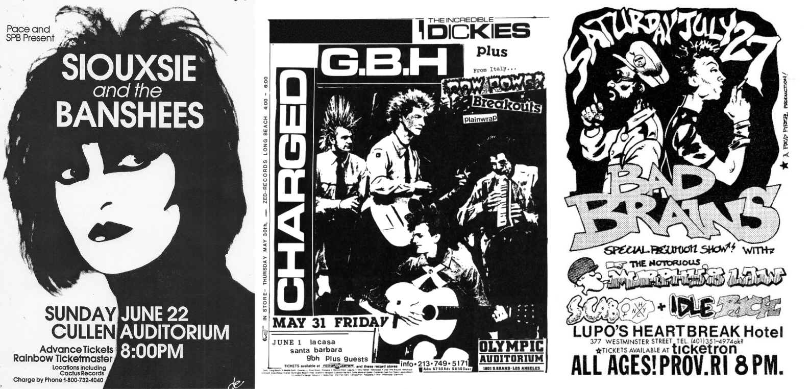 A collage of show posters for Siouxie and the Banshees, GBH, Bad Brains and more.