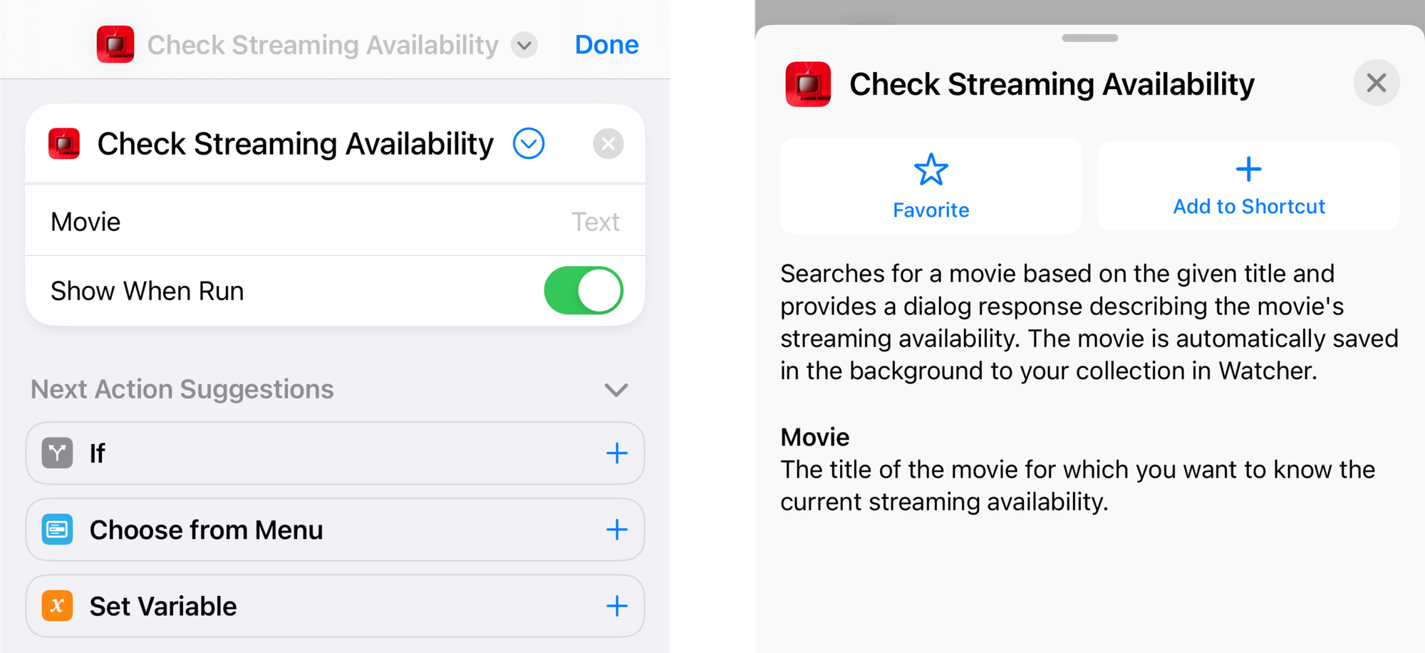  iPhone screenshot of a "Check Streaming Availability" shortcut setup and description, showing options for movie title input and next action suggestions.