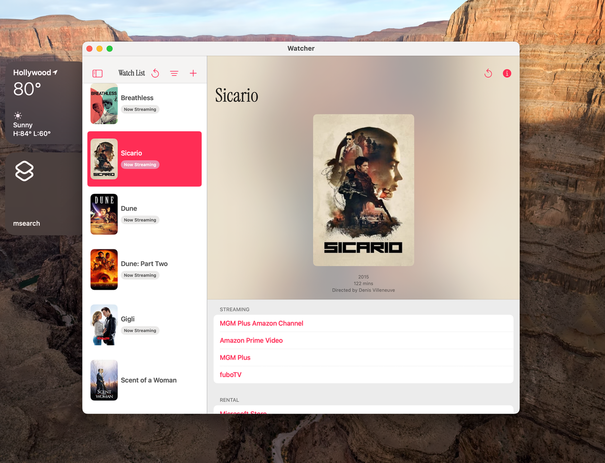 A desktop app UI showing a movie watch list with a selected movie, "Sicario," and its streaming options.